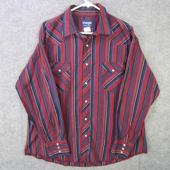 Vintage Wrangler Shirt Mens Large Red Blue Western Pearl Snap Striped 80s Rodeo - Picture 1 of 9